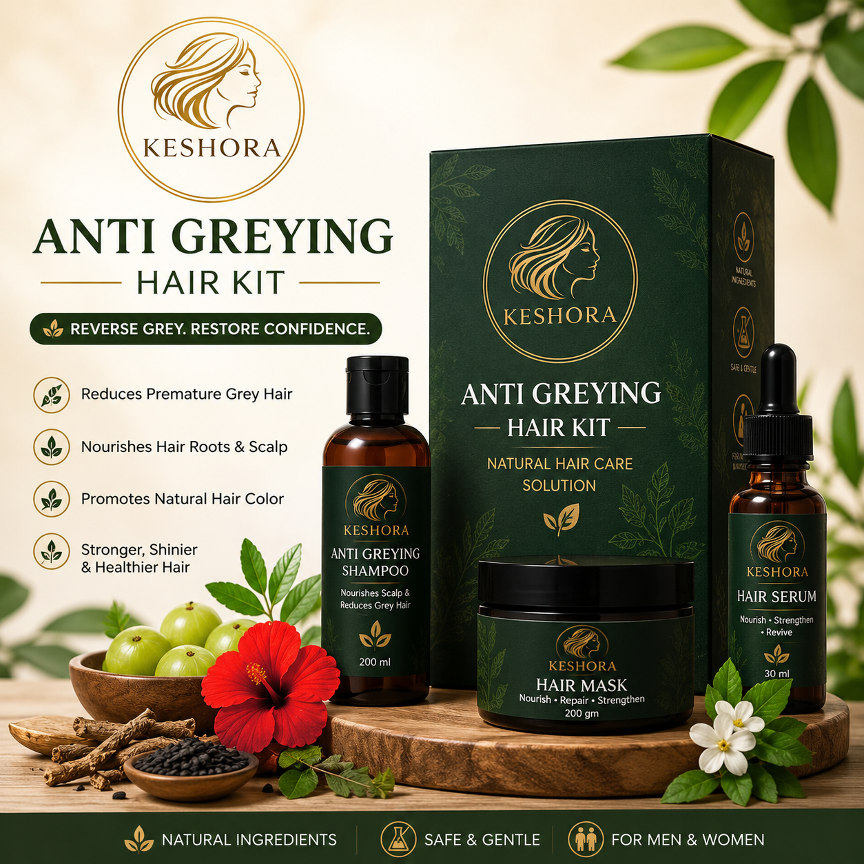 Keshora Anti Greying Hair Kit – Reduce Grey Hair Naturally
